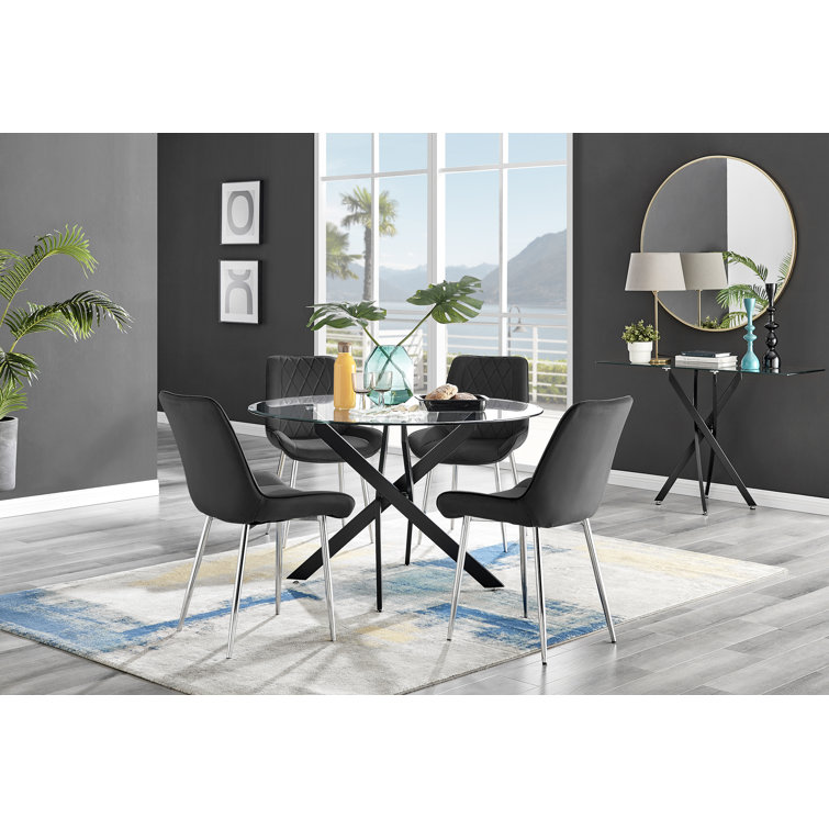 Furniture Box Tierra Modern Metal & Glass Round Dining Table Set with 4 ...